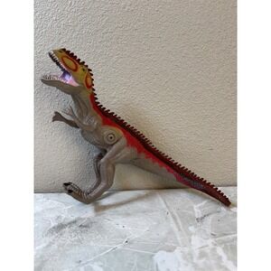 Roaring 12" Long Plastic Dinosaur Action Figure - Scales Gray Yellow Green‎ Red